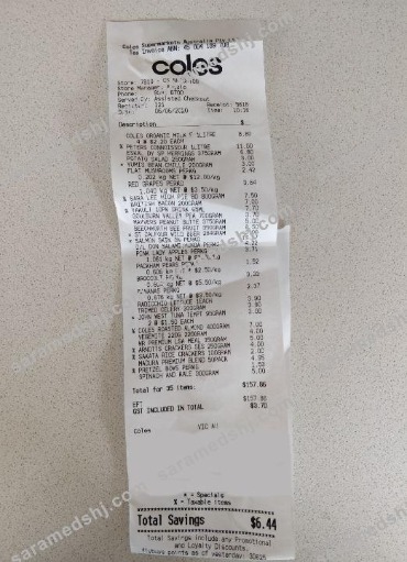 Coles supermarket payment receipt